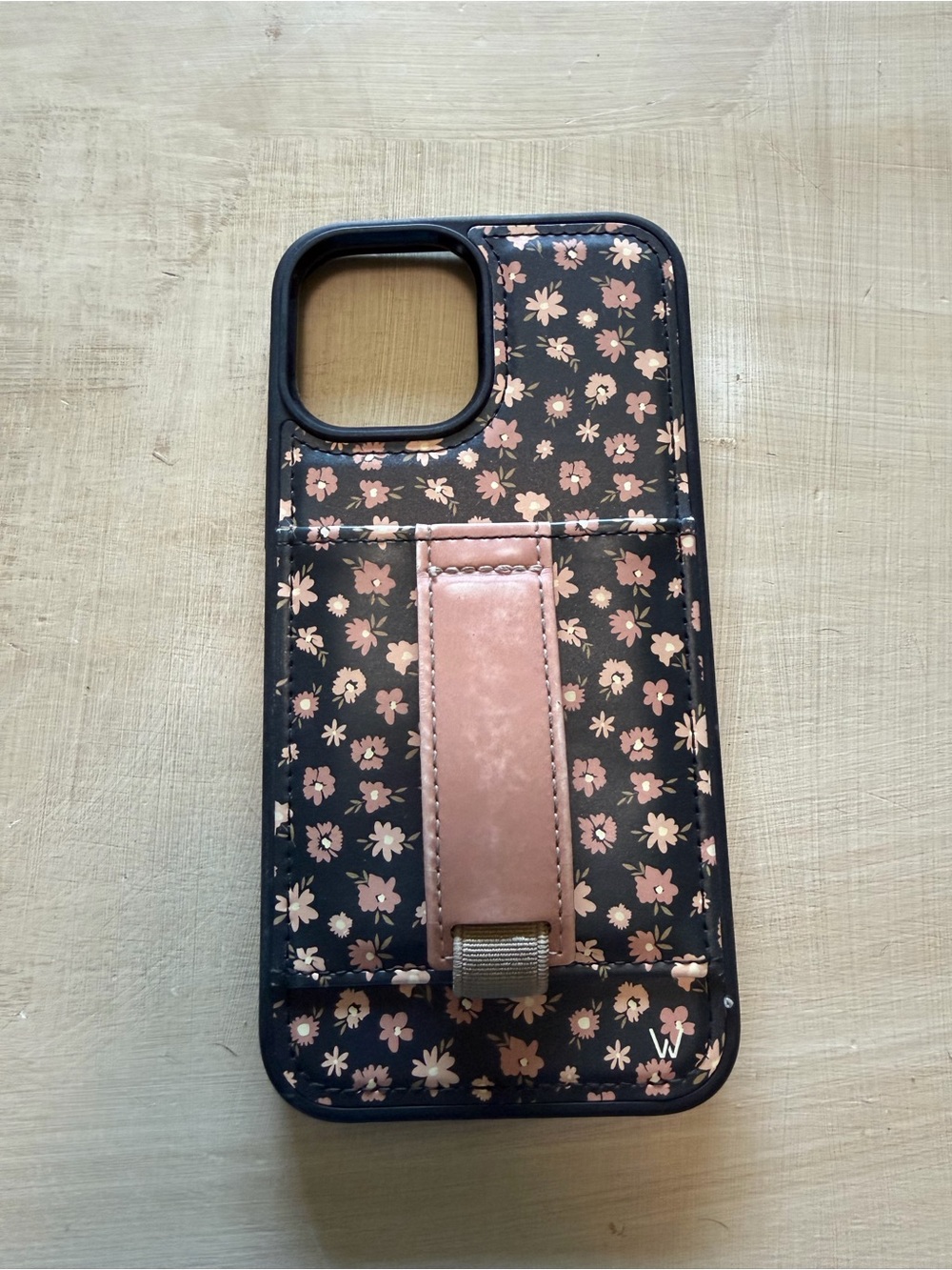 Black Floral Phone Case with Pink Strap Grip